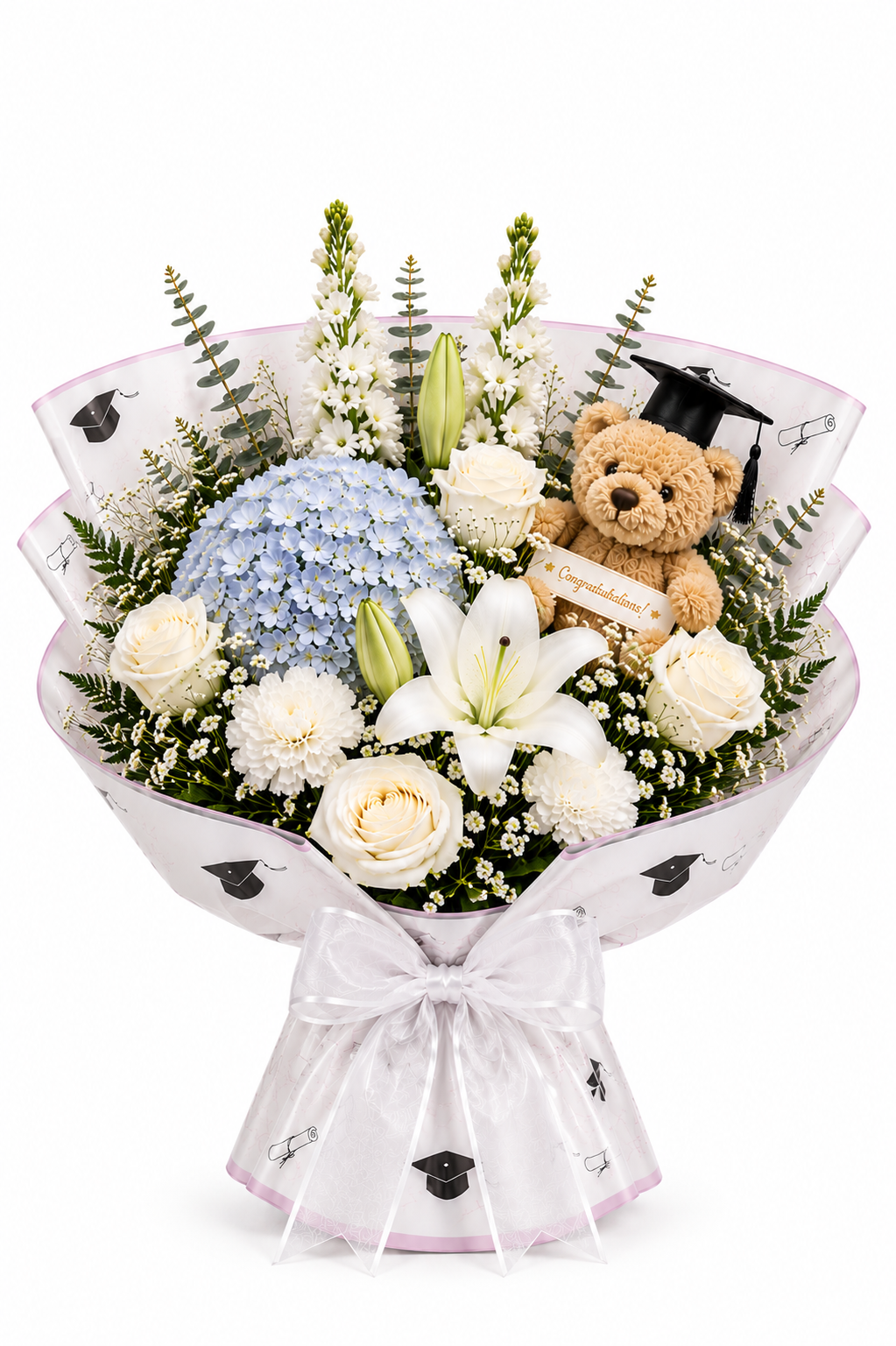 Elegant White & Blue Graduation Bouquet with Teddy Bear – HEART LAKE FLOWERS & GIFTS, Brampton ON