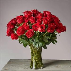 CINQUANTE ROSES ROUGES À LONGUE TIGE AVEC VASE