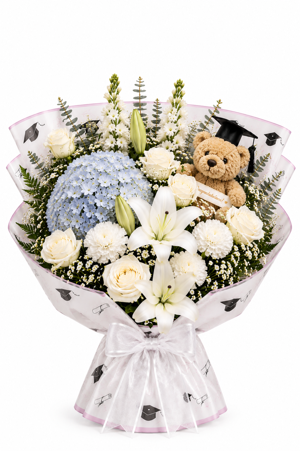 Elegant White & Blue Graduation Bouquet with Teddy Bear