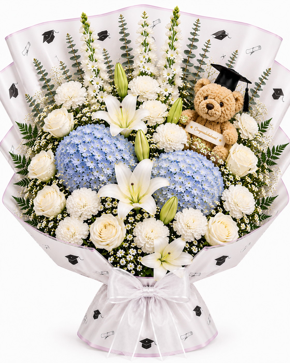 Elegant White & Blue Graduation Bouquet with Teddy Bear