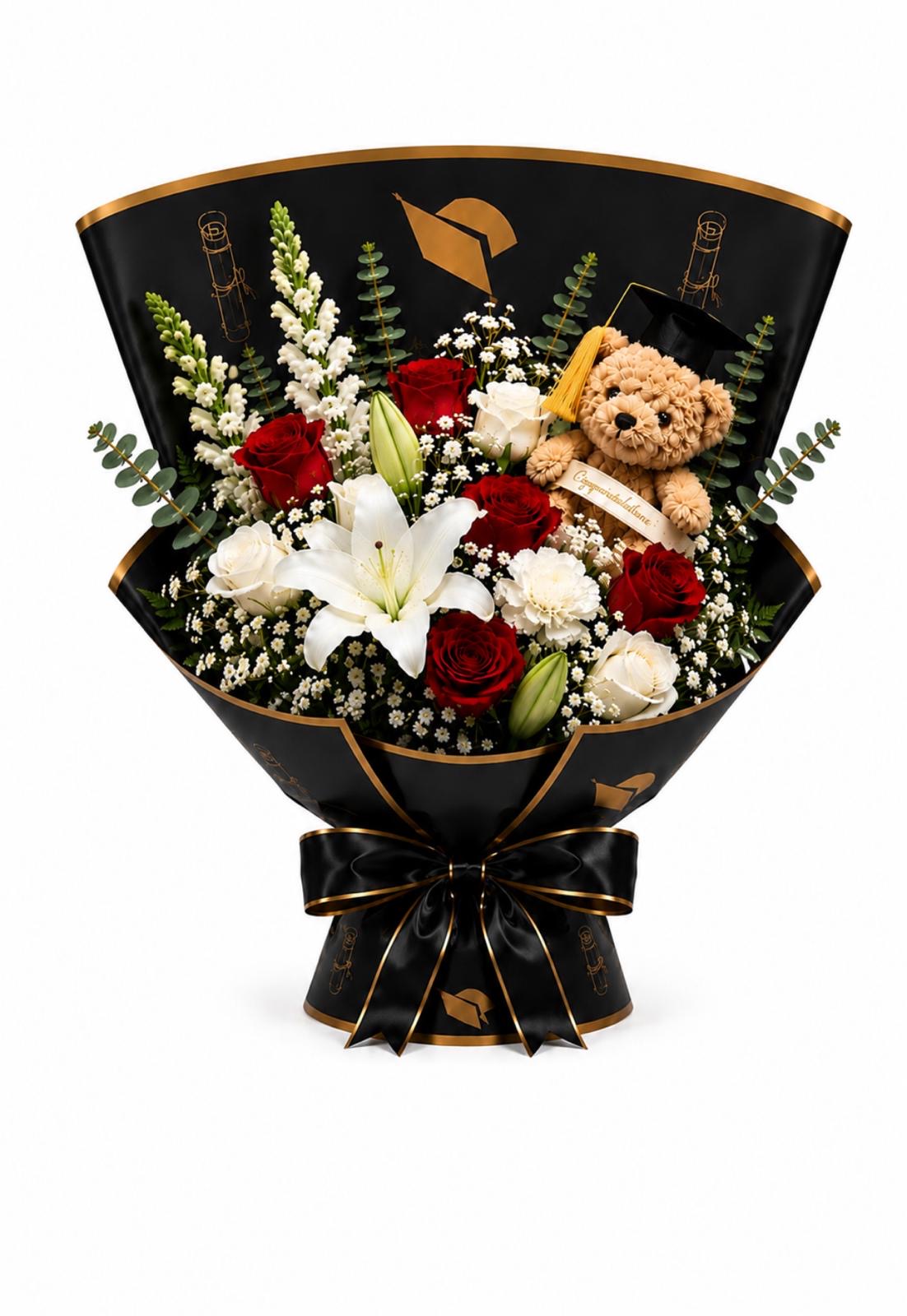 Elegant Graduation Bouquet with Teddy Bear