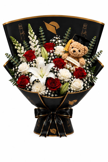 Elegant Graduation Bouquet with Teddy Bear